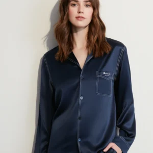 Pijama lụa xanh navy viền trắng